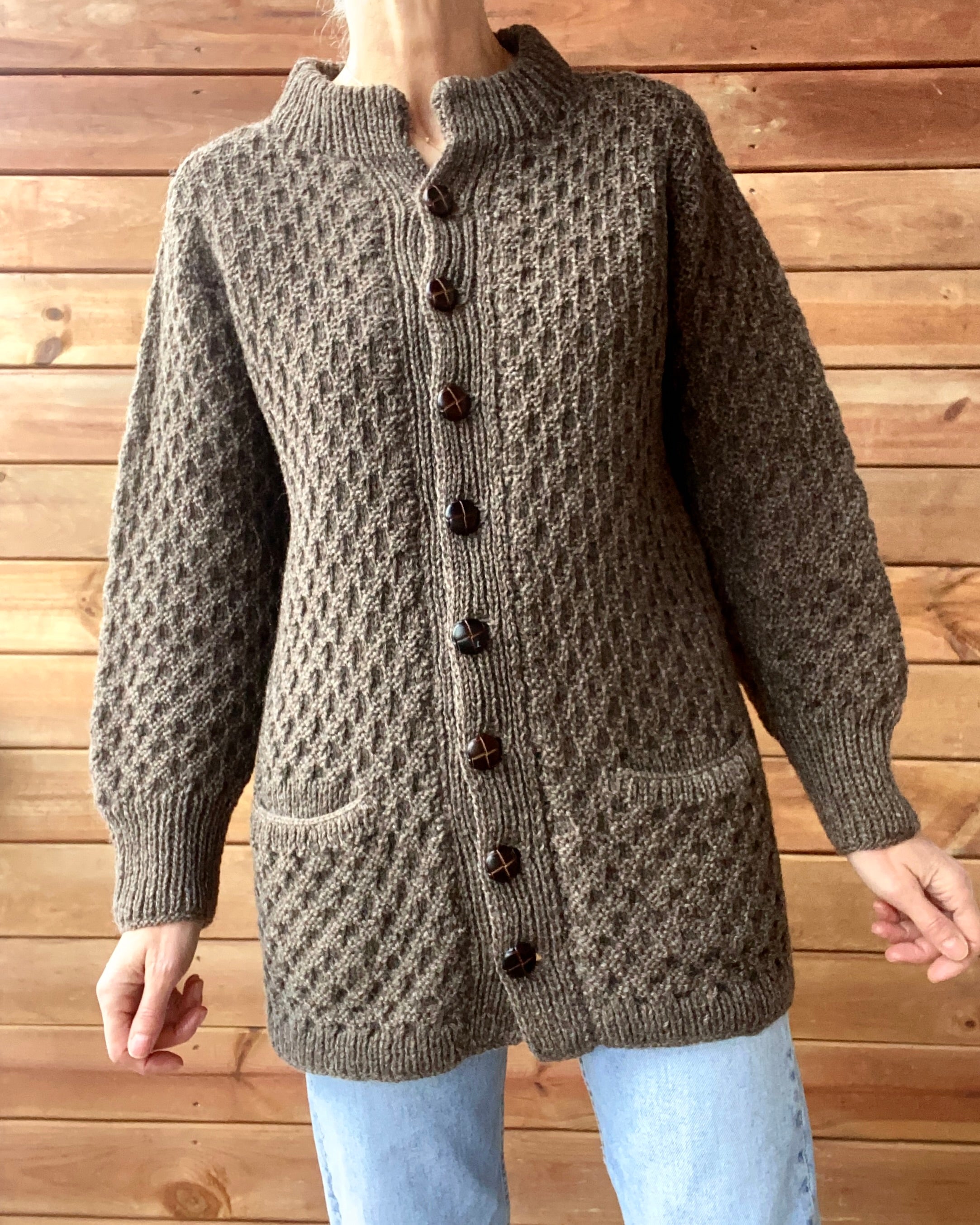 Vintage Hand knit Brown Honeycomb Fisherman Mock Neck Sweater Cardigan Jacket M L