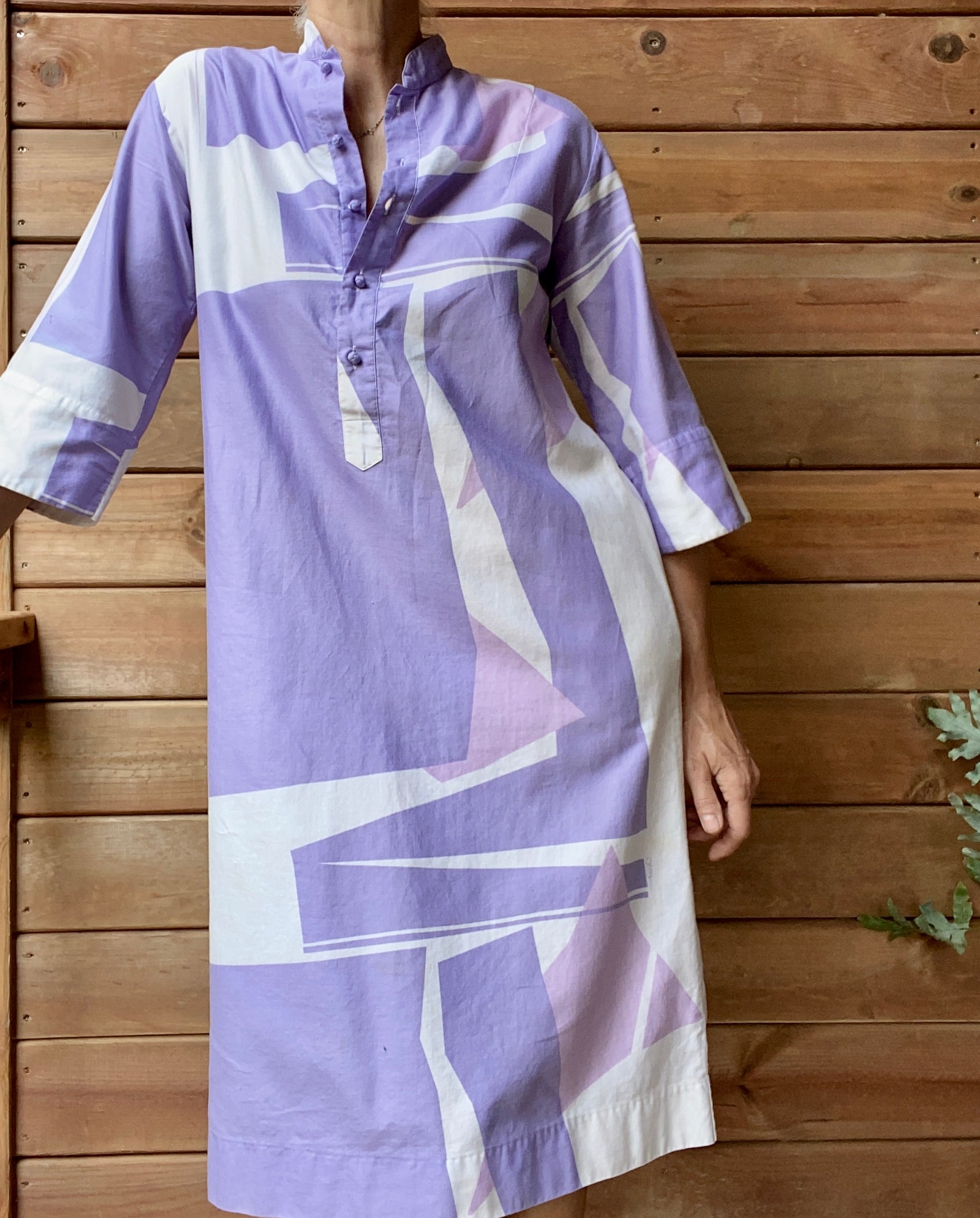 Vintage Catherine Ogust for Penthouse Gallery "Forever Dress" Abstract Geometric Pastels Purple Cotton Dress Tunic Caftan M L