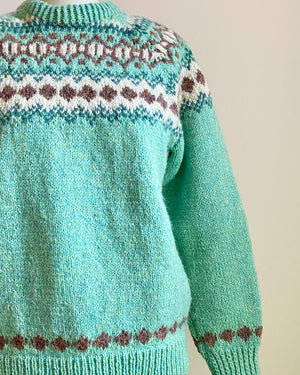 Vintage Hand Knit in New Brunswick COTTAGE CRAFT Tweeds & Yarns Fair Isle Pistachio Wool Sweater S M