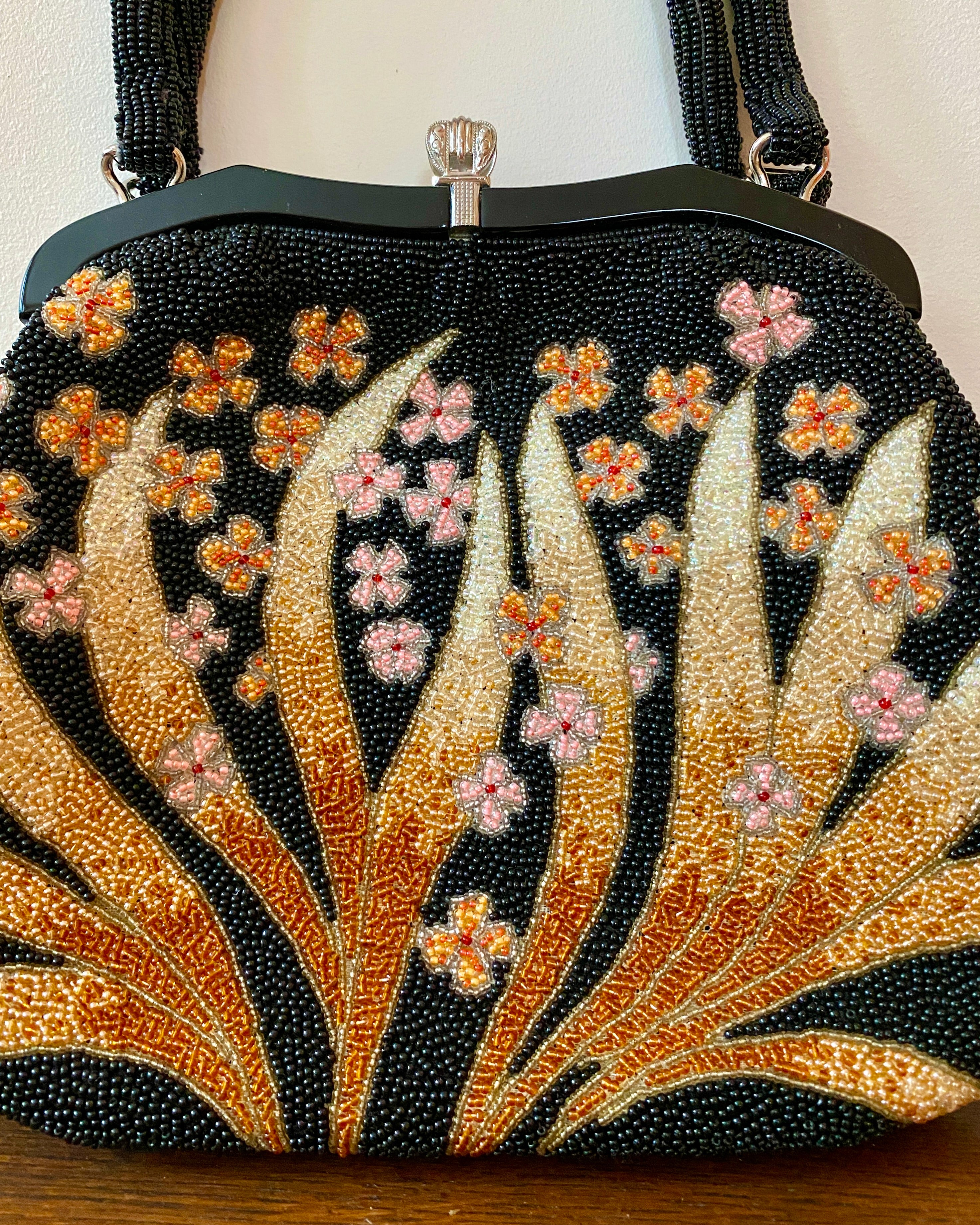 Vintage 1950s Fine Hand Beaded Black Handbag with Flower and Leaf Pattern Mint Condition