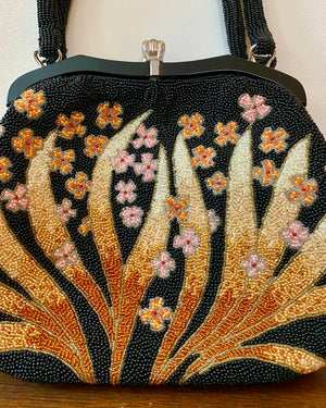 Vintage 1950s Fine Hand Beaded Black Handbag with Flower and Leaf Pattern Mint Condition