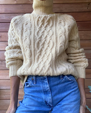 Vintage Handknit Aran Cable Raglan Fisherman Sweater L