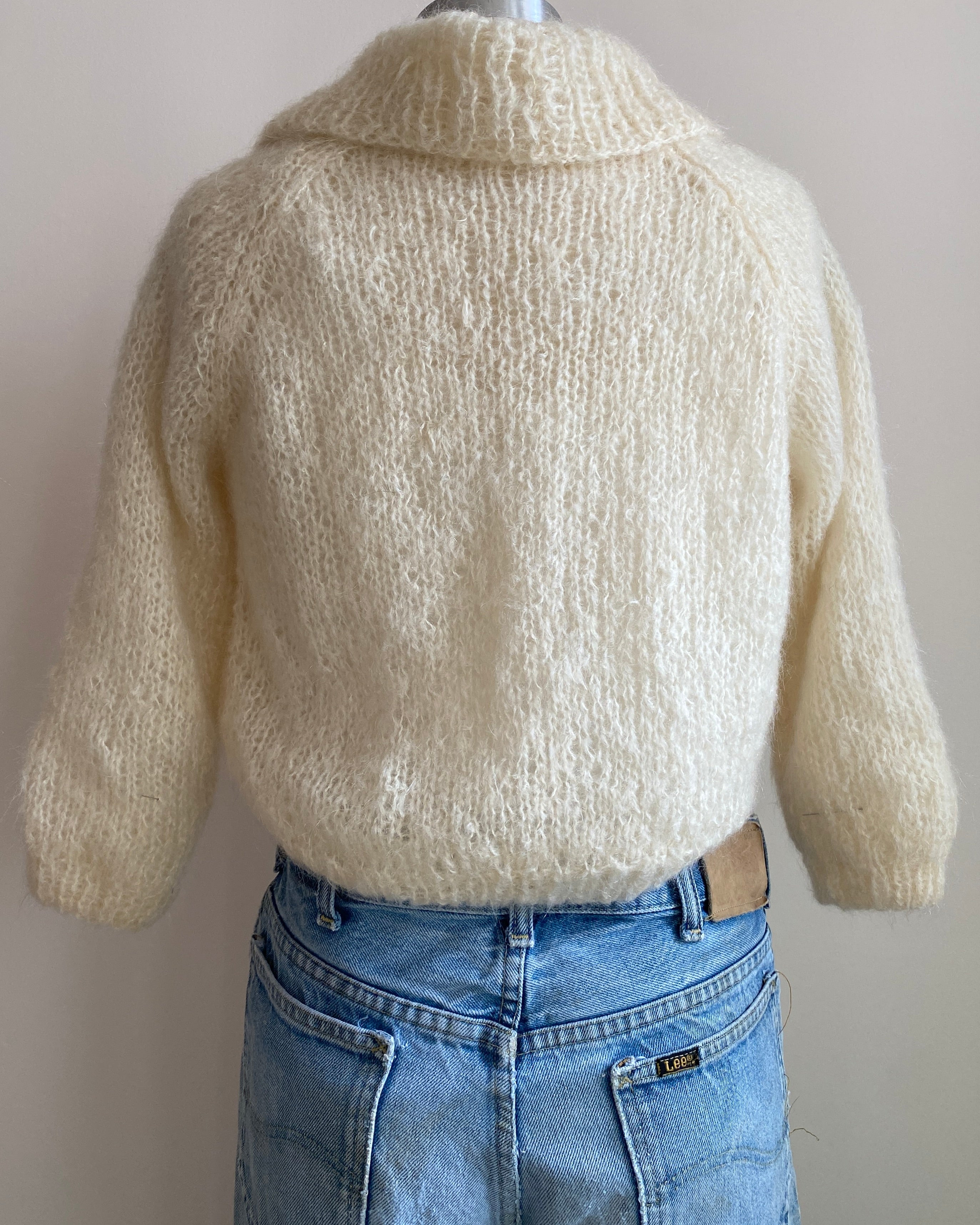 Vintage 1950s Handknit 100% Cream Mohair Shawl Collar Cardigan With Organza Lining M