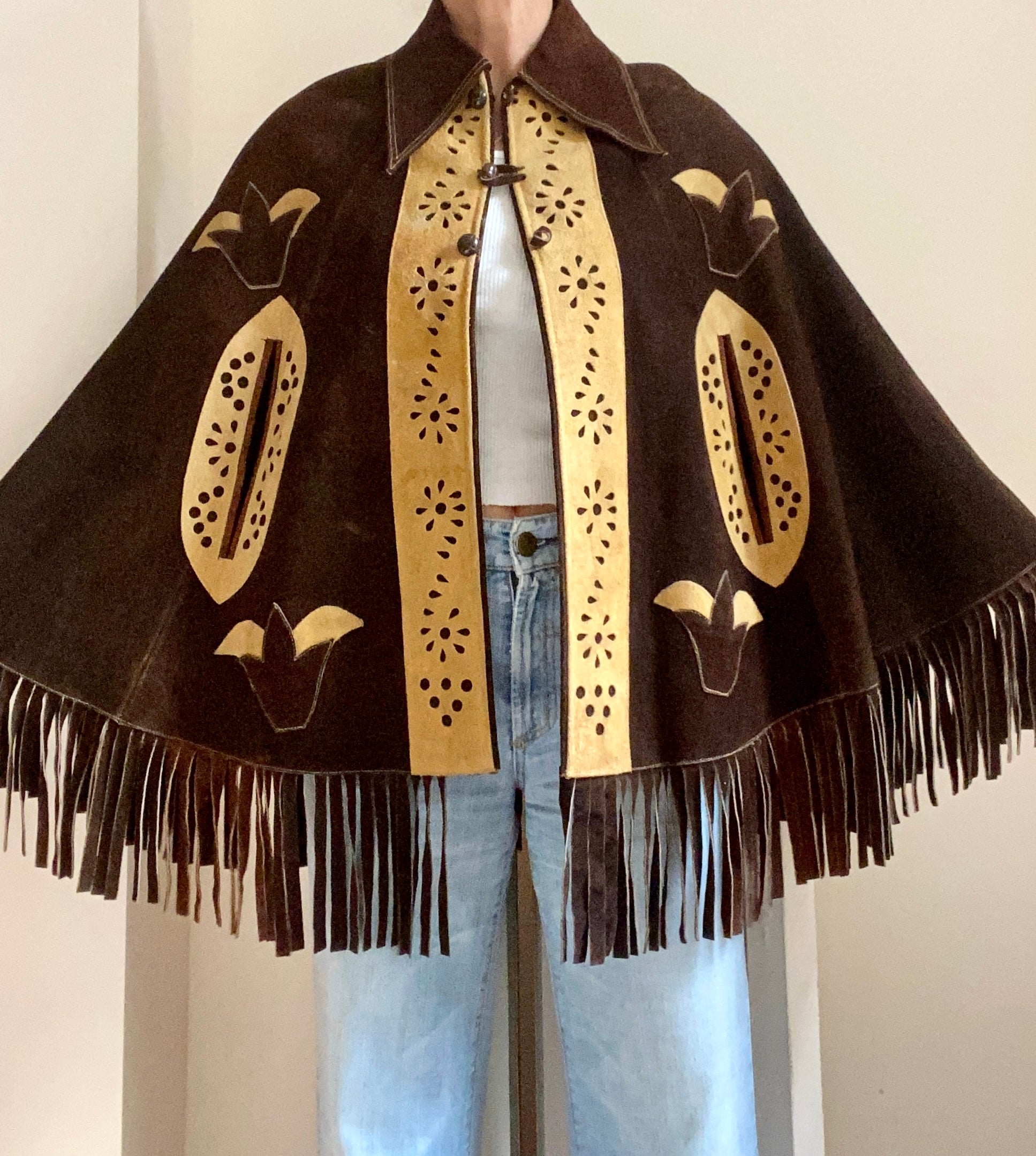 Vintage 1960s Suede Brown Fringe Cape Jacket M 6 8