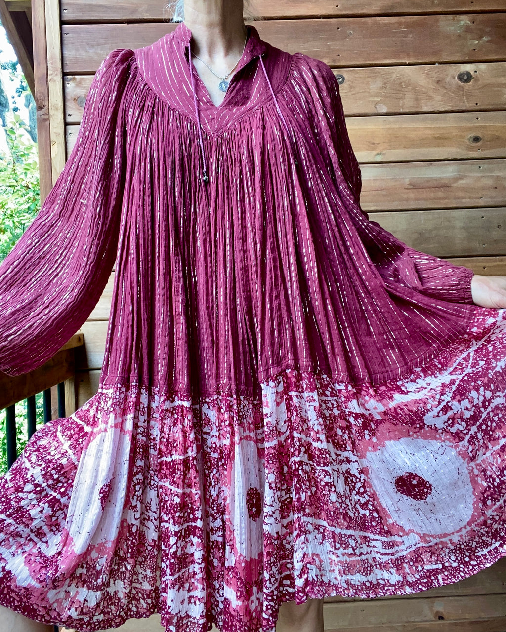 Vintage 1970s PARADIS Indian Cotton Gauze Cherry Red Batik and Lurex Dress