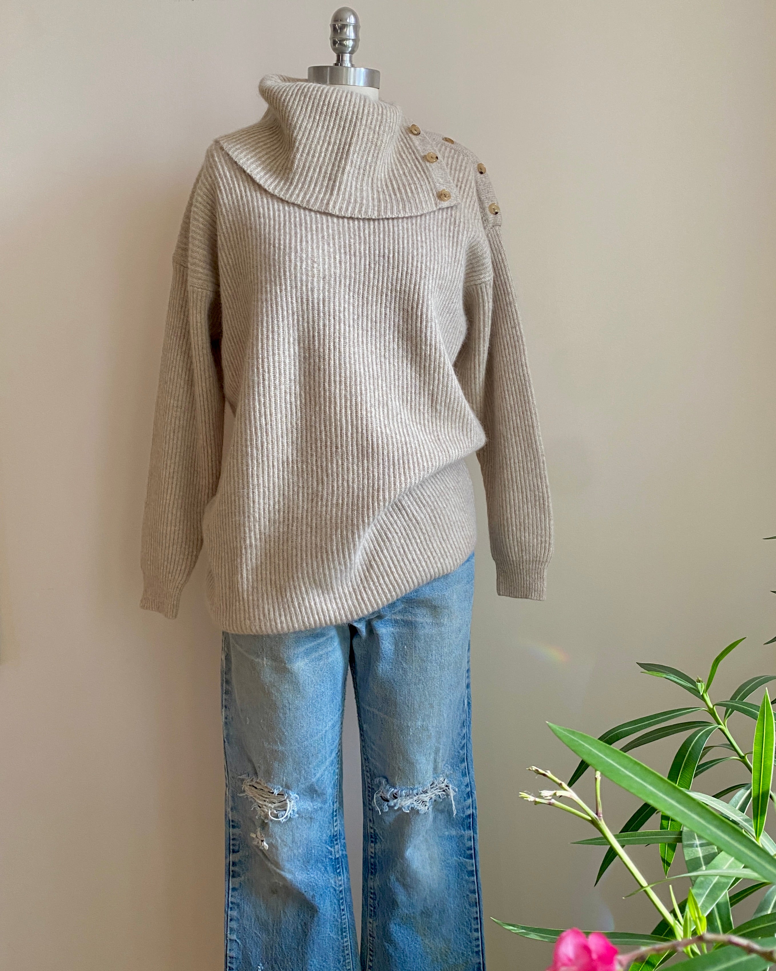 Vintage 1990s Casual Corner Tan Marle Rib Wool Angora Blend Turtleneck with Buttons Sweater M