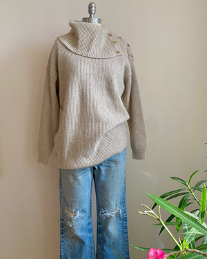 Vintage 1990s Casual Corner Tan Marle Rib Wool Angora Blend Turtleneck with Buttons Sweater M