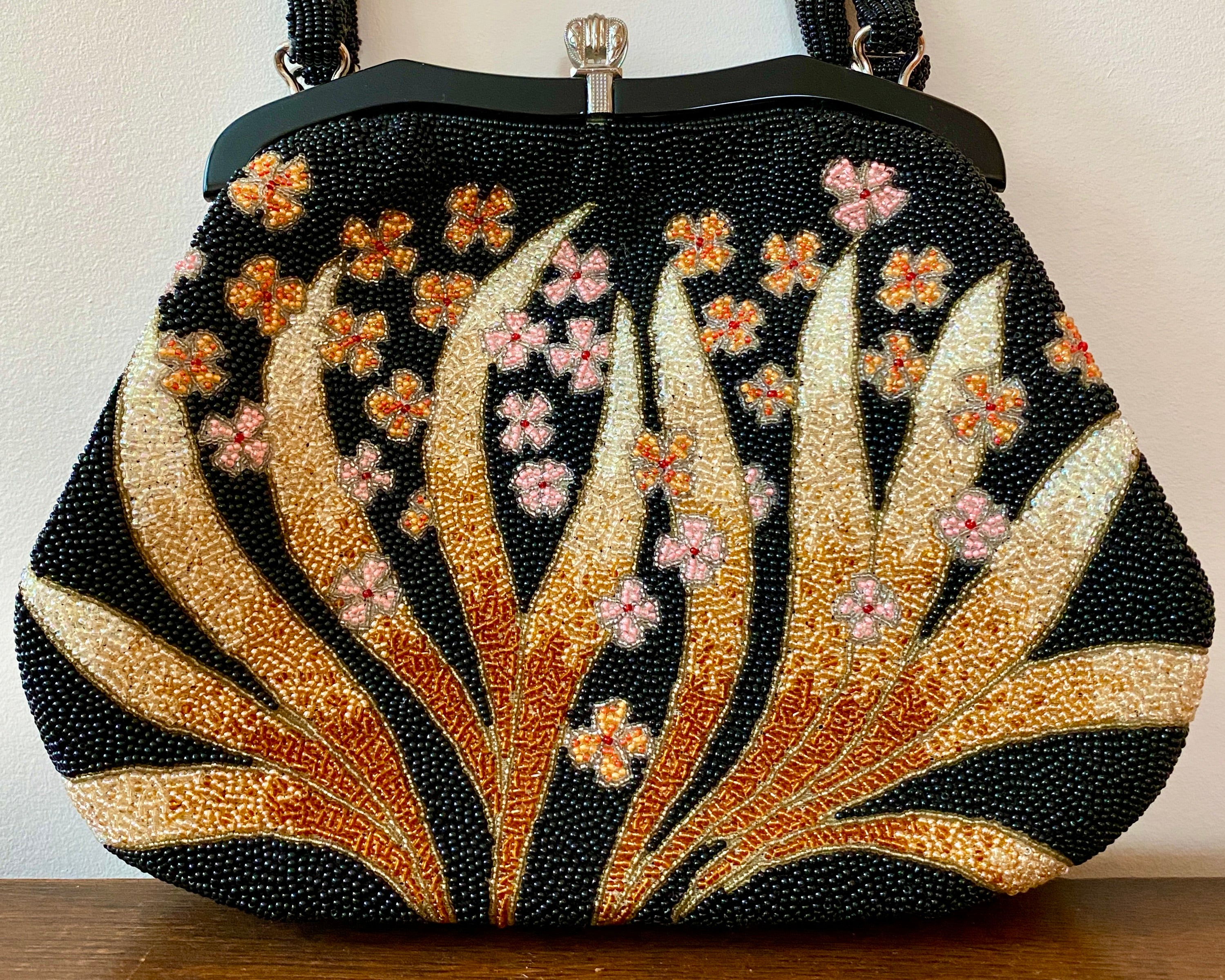 Vintage 1950s Fine Hand Beaded Black Handbag with Flower and Leaf Pattern Mint Condition