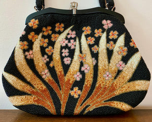 Vintage 1950s Fine Hand Beaded Black Handbag with Flower and Leaf Pattern Mint Condition