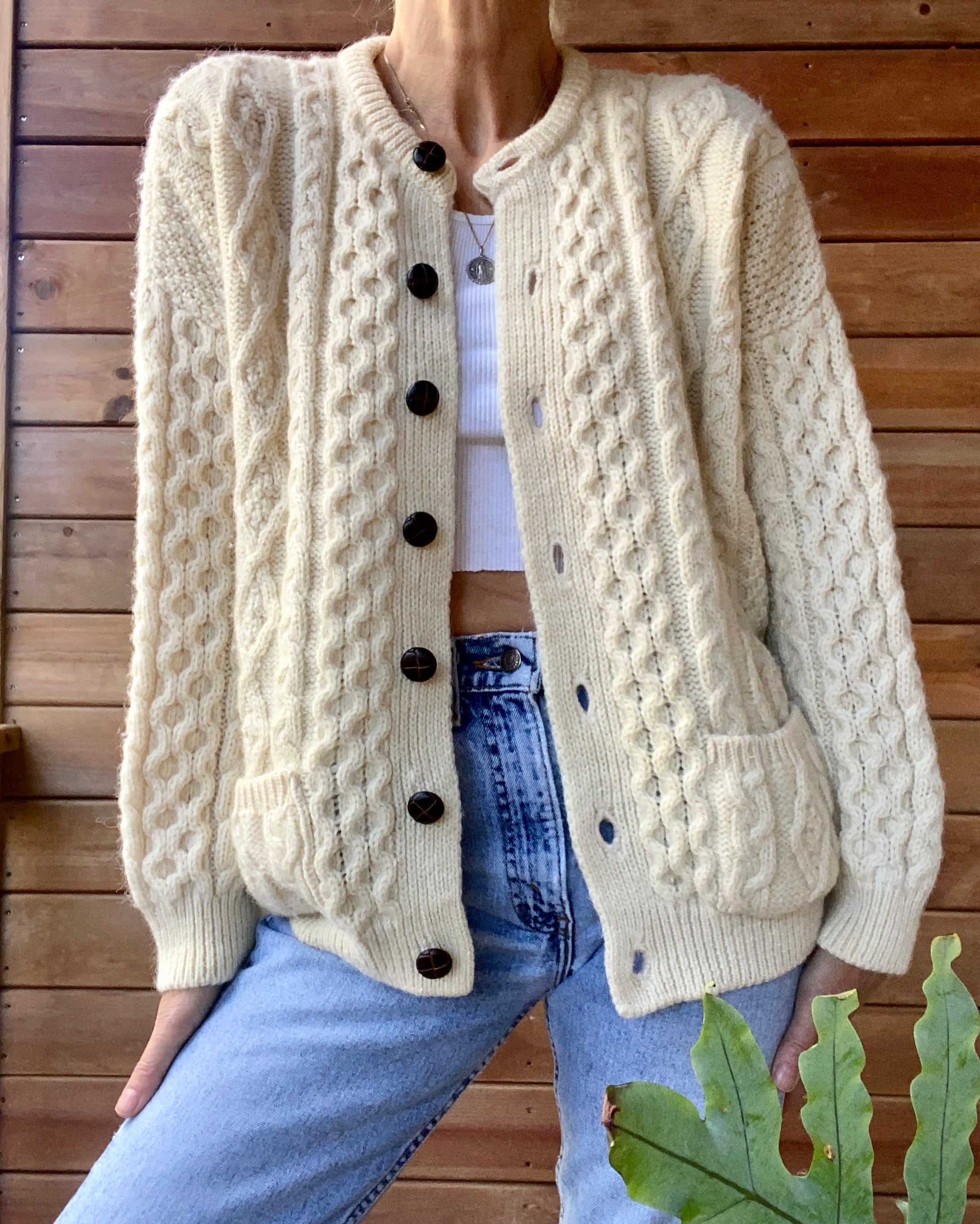 Vintage Handknit Cream Cable Fisherman Sweater Cardigan M