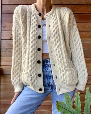Vintage Handknit Cream Cable Fisherman Sweater Cardigan M