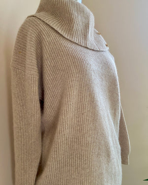 Vintage 1990s Casual Corner Tan Marle Rib Wool Angora Blend Turtleneck with Buttons Sweater M