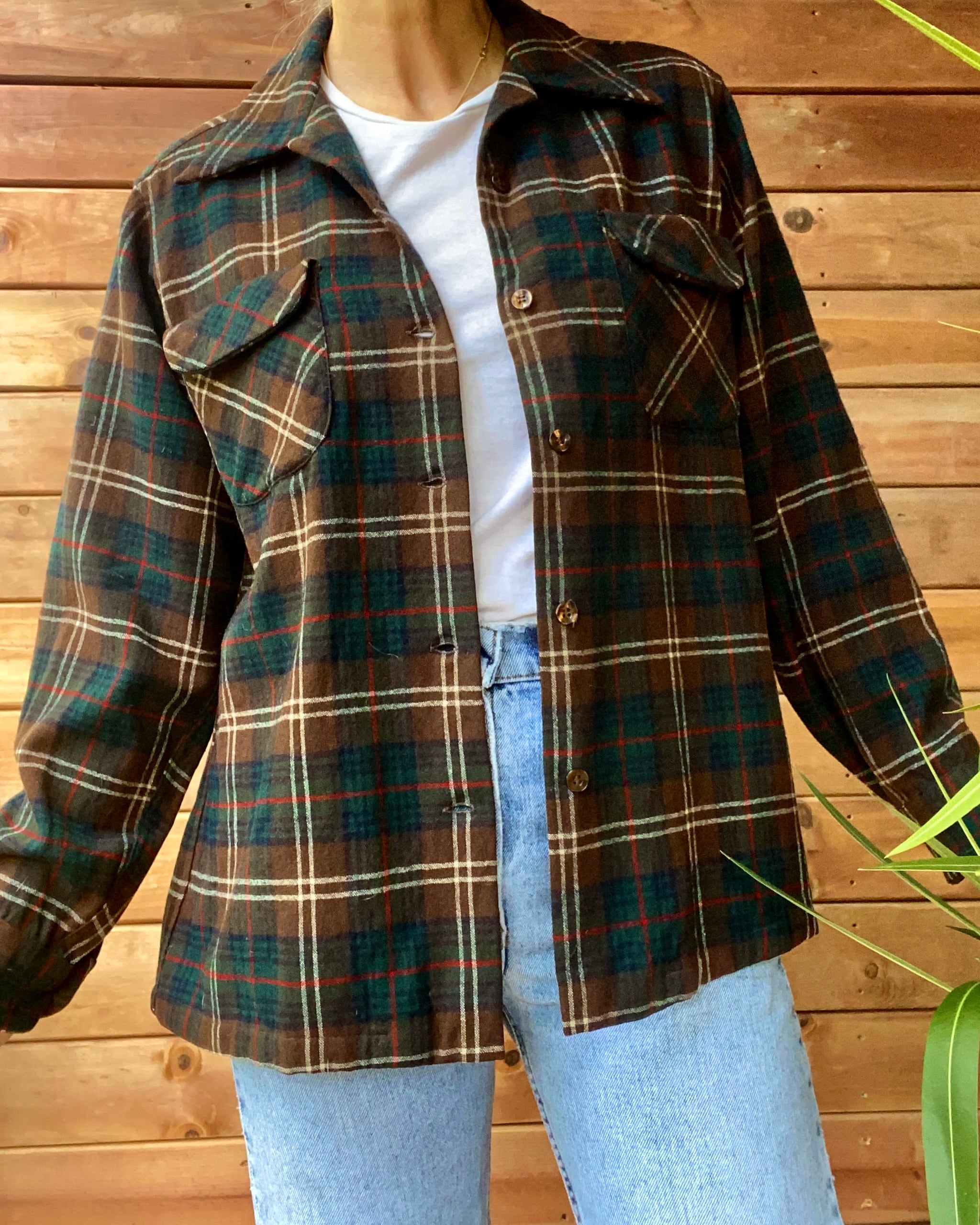 Vintage 1960s Pendleton Woolen Mills Plaid Flannel Loop Button Shirt Jacket USA