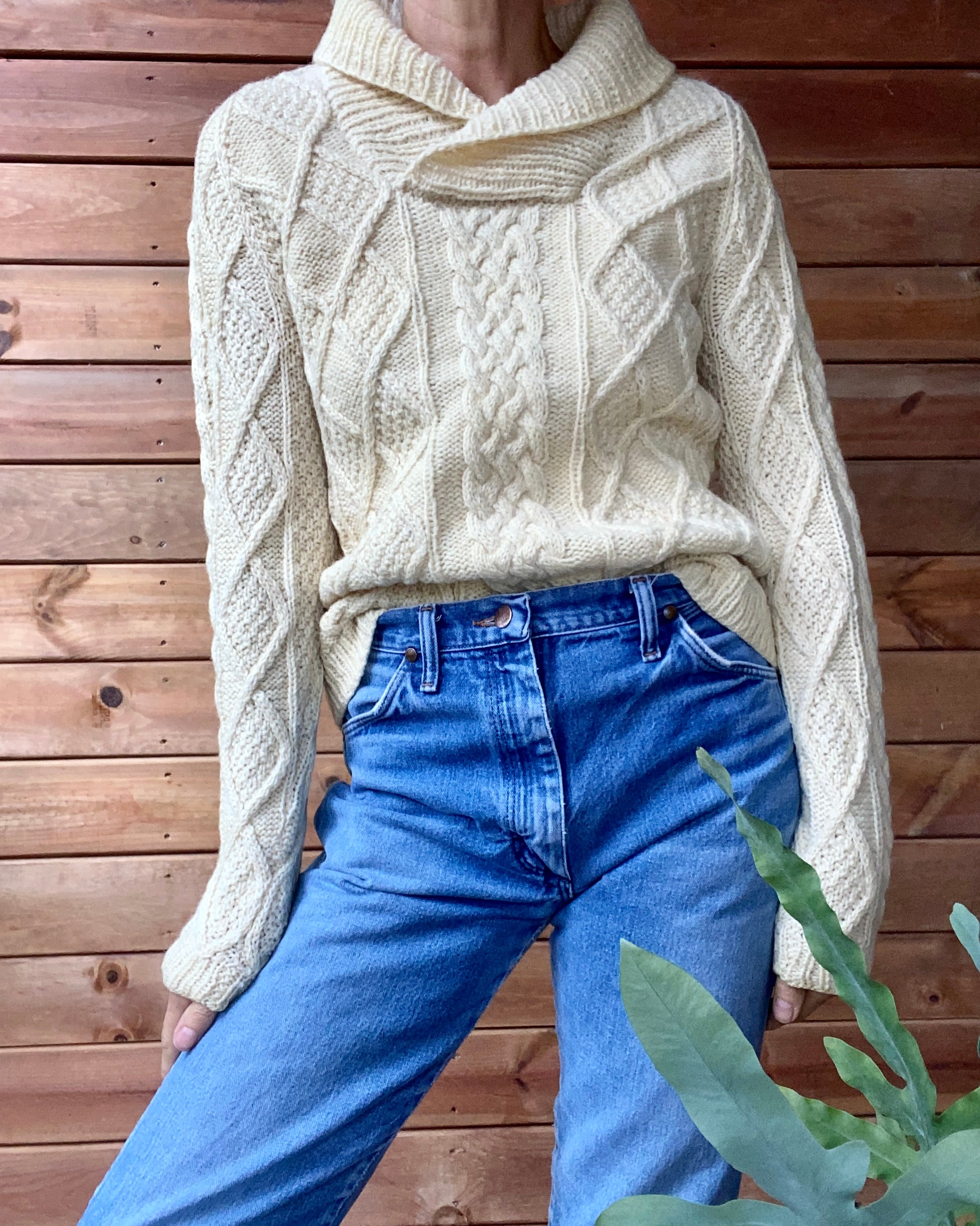 Vintage Handknit Cream Irish Fisherman Cable Sweater with Shawl Collar S M