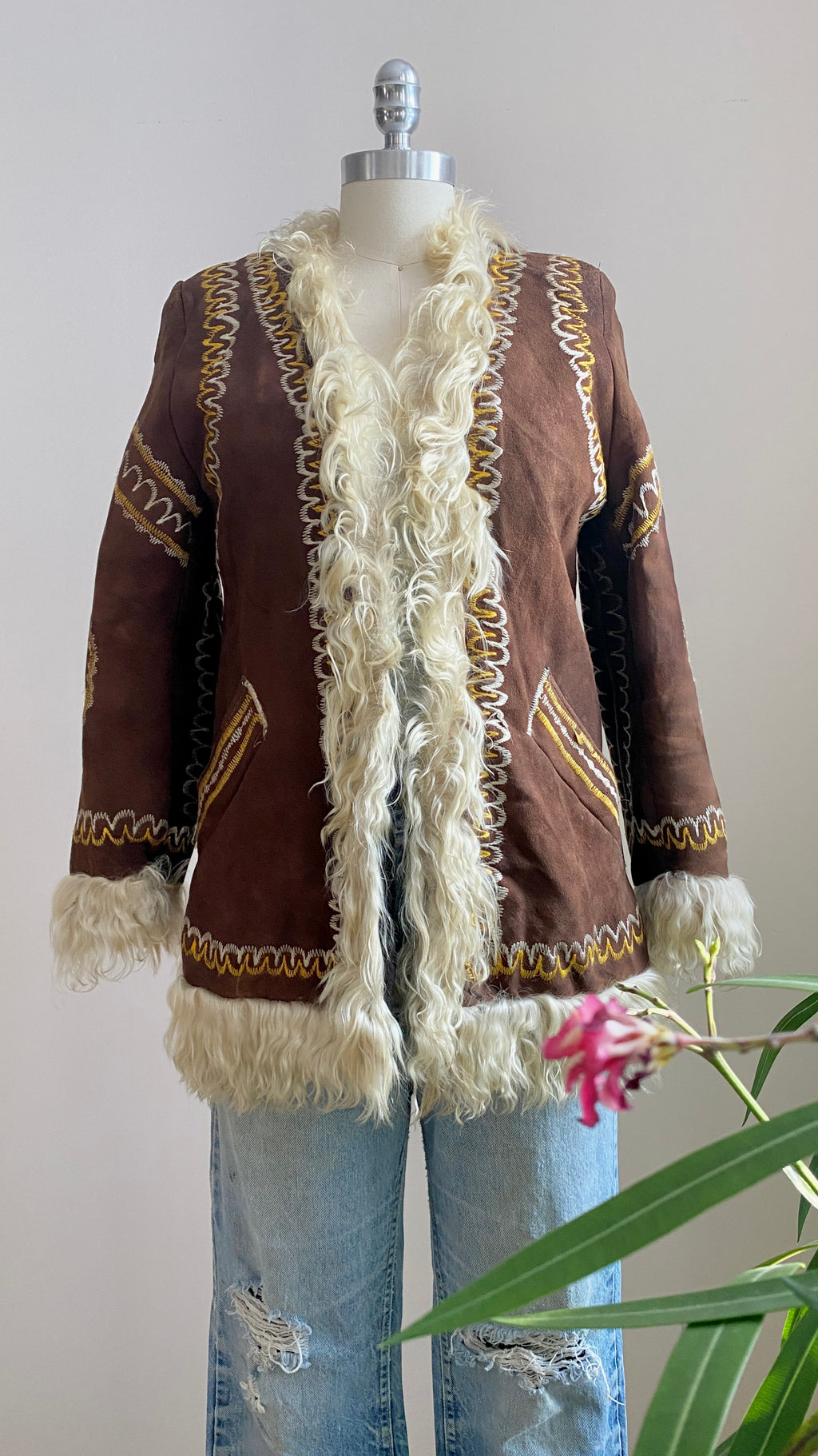 Vintage 1960s Afghan Shearling Suede Brown Penny Lane Coat Jacket with Silk Embroidery XS Janis Joplin Jimmy Hendrix Style