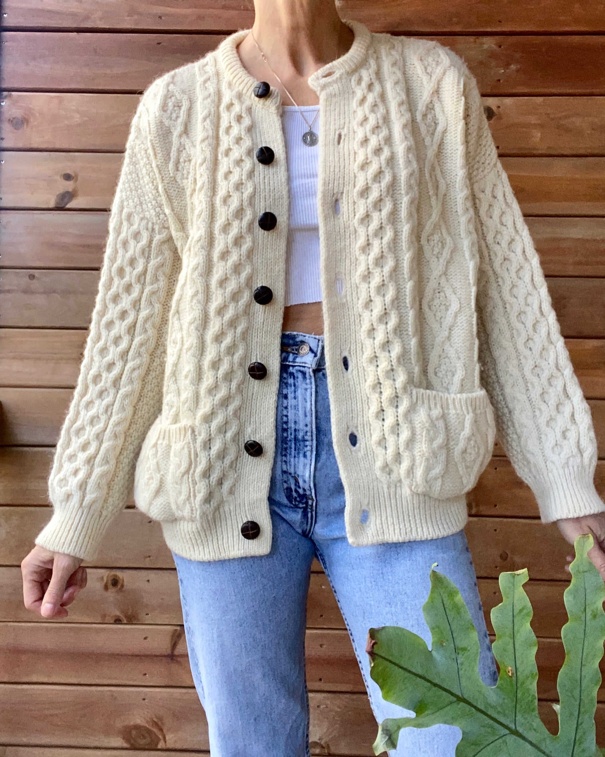 Vintage Handknit Cream Cable Fisherman Sweater Cardigan M