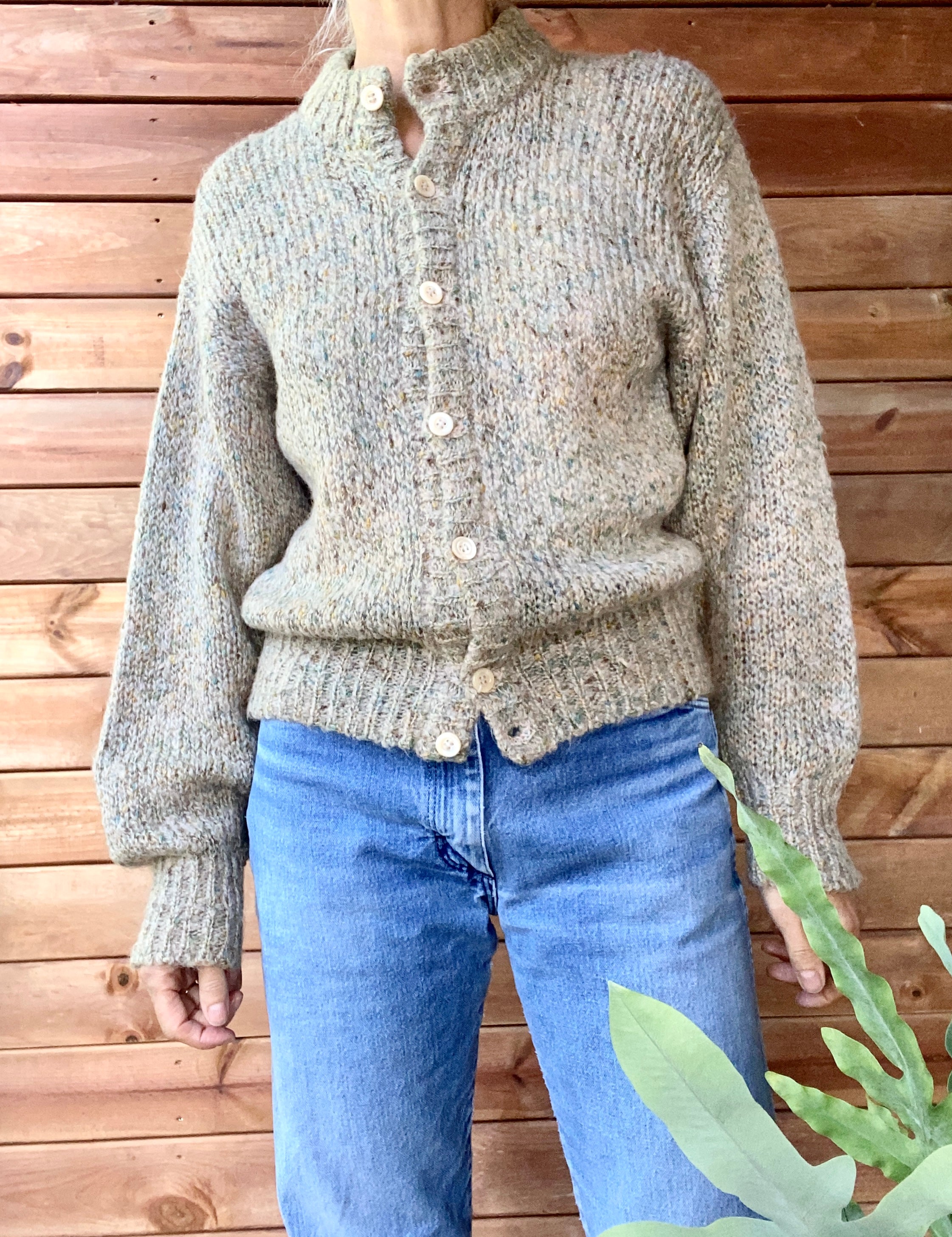 Vintage 1980s Salvatore Ferragamo Oatmeal Marle Mohair Cardigan Sweater M