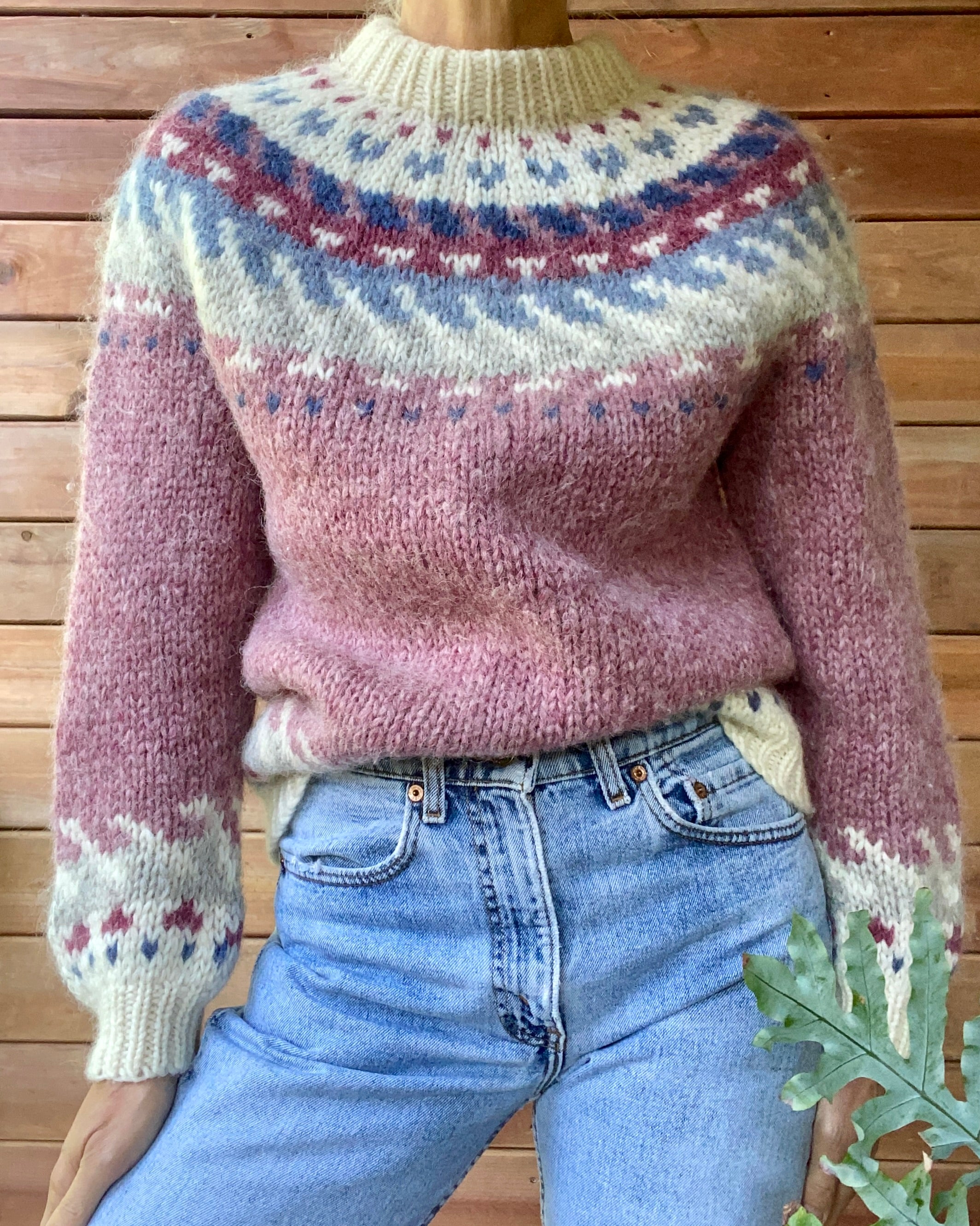 VINTAGE HILDA Ltd. for LLBEAN Icelandic Handknit Pink Fairisle Wool Sweater M L