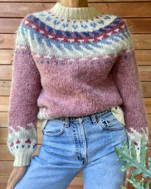 VINTAGE HILDA Ltd. for LLBEAN Icelandic Handknit Pink Fairisle Wool Sweater M L