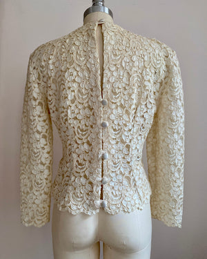 Vintage 1950s Couture Cream Floral Soutache Lace Top Blouse with Bow and Peplum M