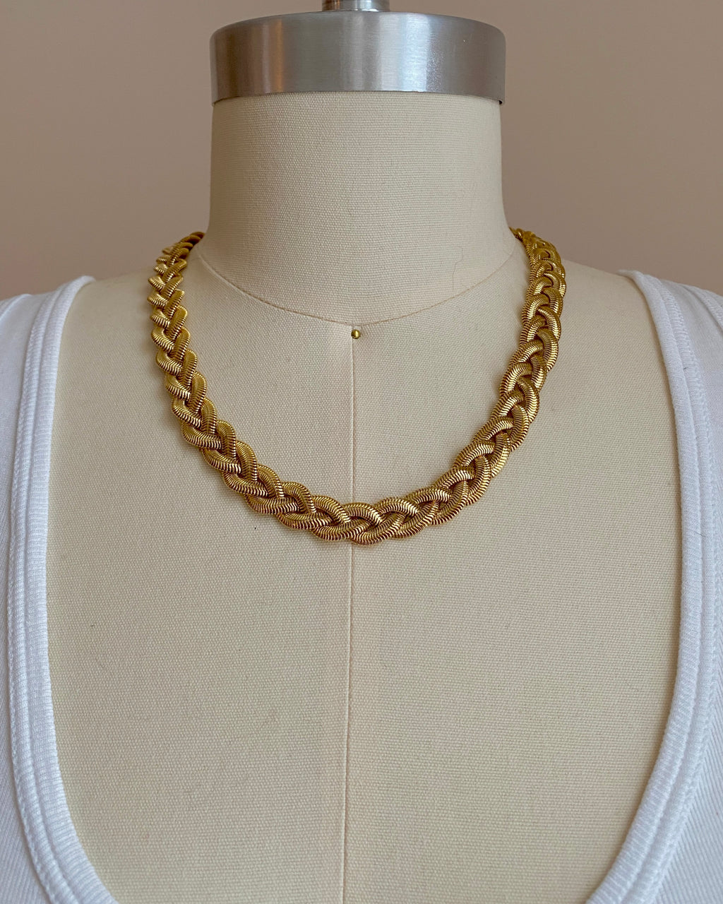 Vintage 1980s Gold Tone Snake Herringbone Chain Braided Necklace