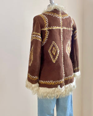 Vintage 1960s Afghan Shearling Suede Brown Penny Lane Coat Jacket with Silk Embroidery XS Janis Joplin Jimmy Hendrix Style