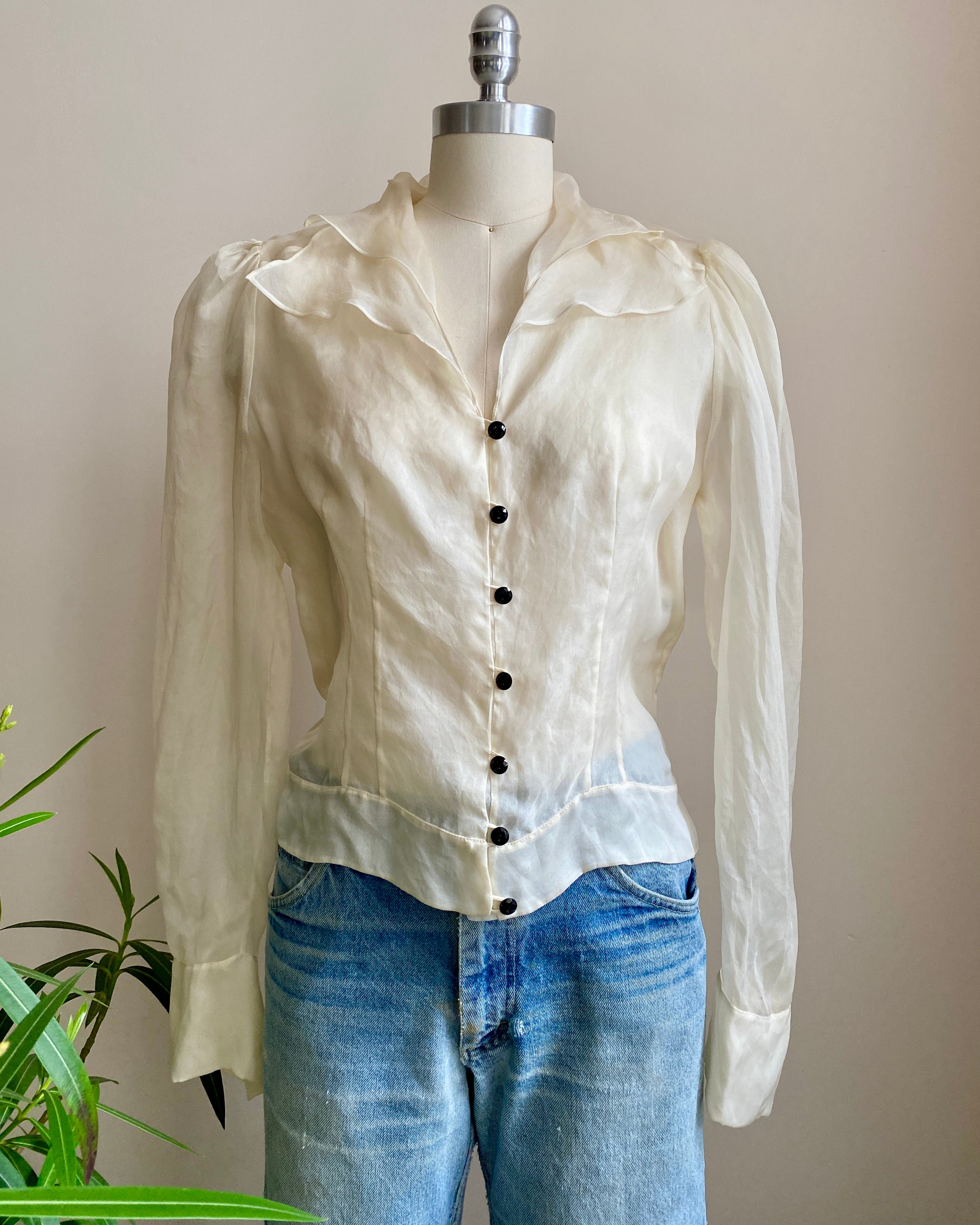 Vintage 1990s MISS TORRENTE Sheer Ivory 100% Silk Organza Blouse With gathered Sleeves 40 M
