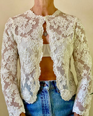 Vintage 1980s White Floral Soutache Lace On Mesh Net with Beading Top Cardigan S SM 4