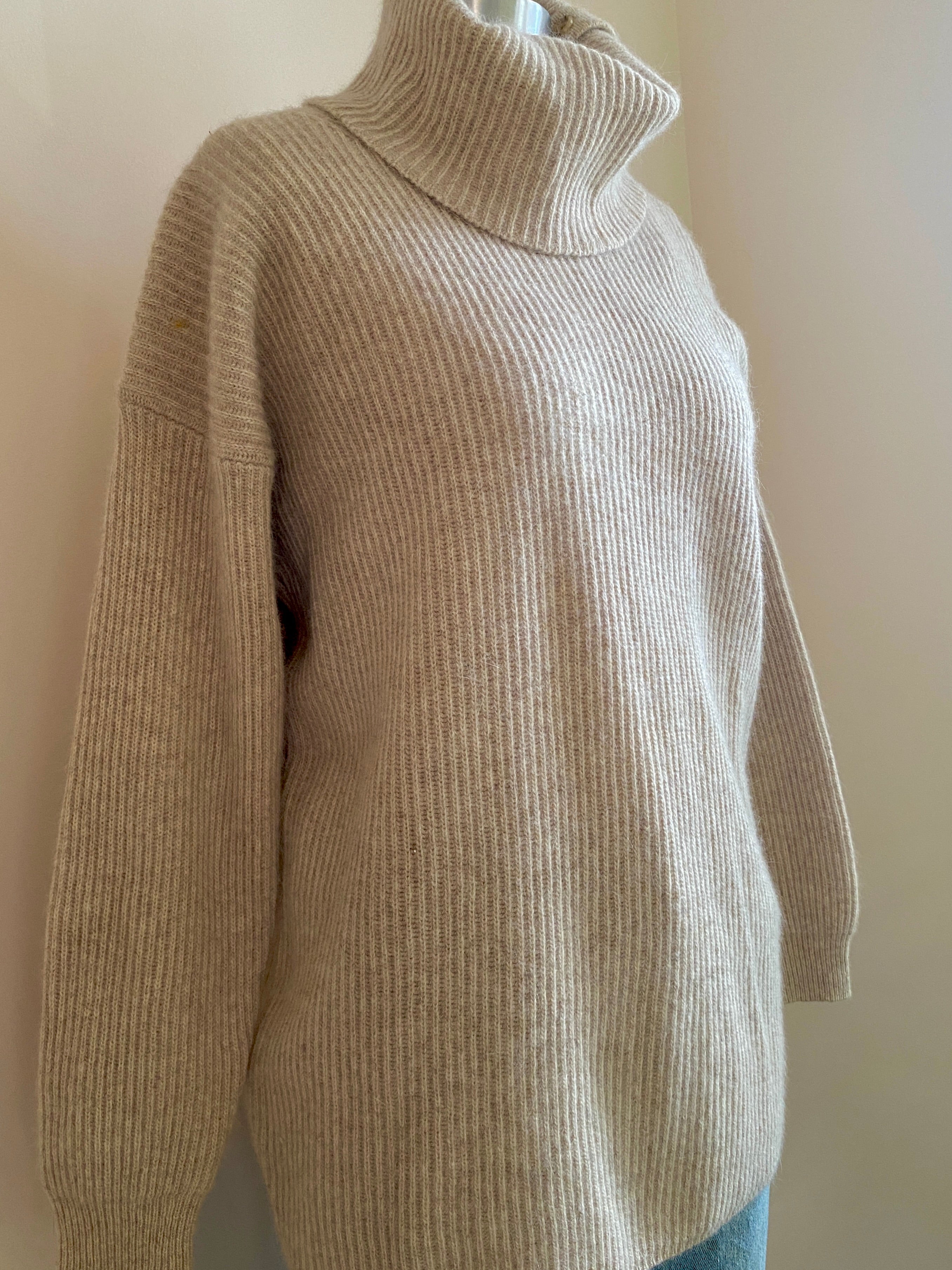 Vintage 1990s Casual Corner Tan Marle Rib Wool Angora Blend Turtleneck with Buttons Sweater M