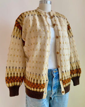 VINTAGE 1950s 1960s Hand Knit  Fair Isle Wool Tan and Brown Cardigan S or M