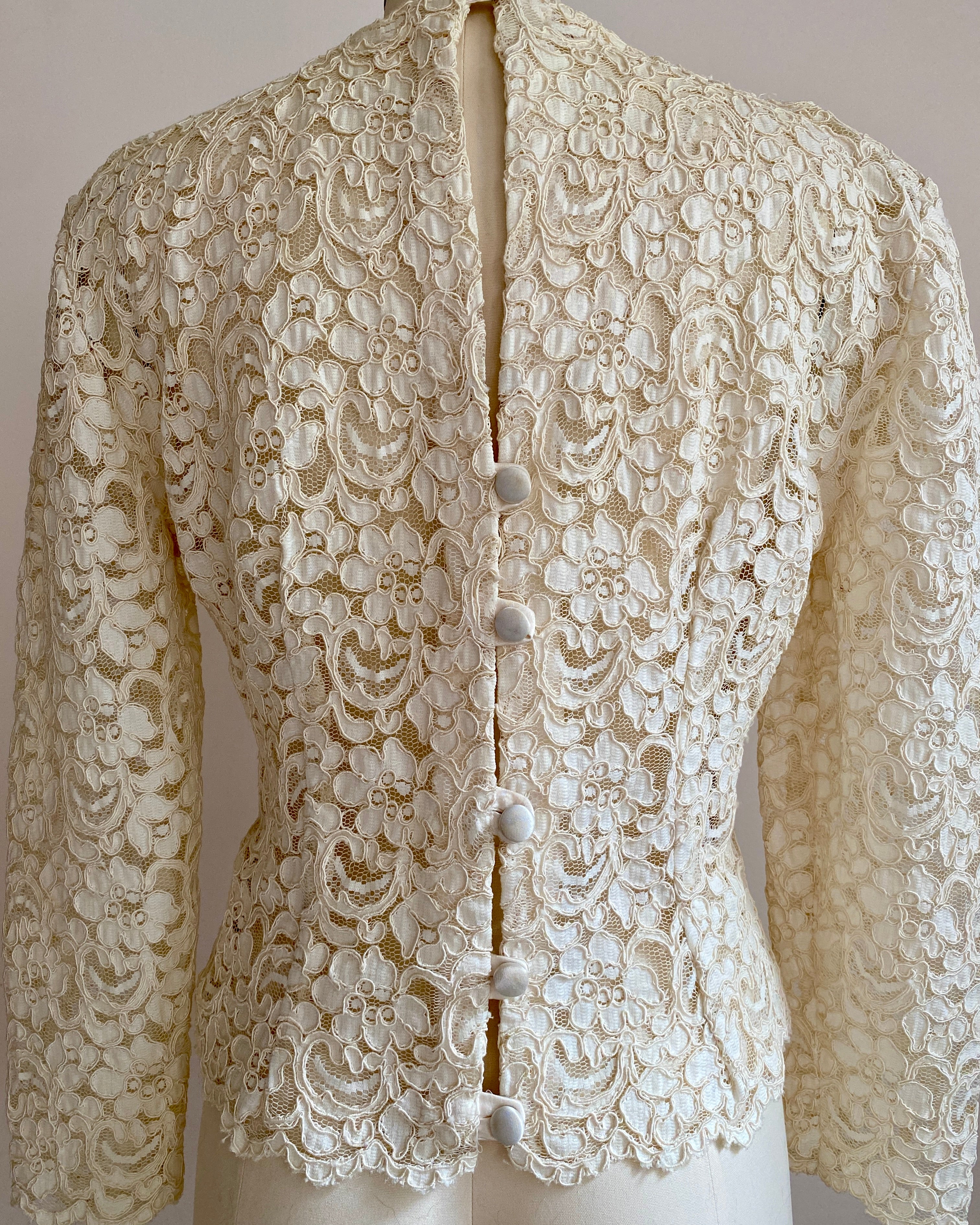 Vintage 1950s Couture Cream Floral Soutache Lace Top Blouse with Bow and Peplum M