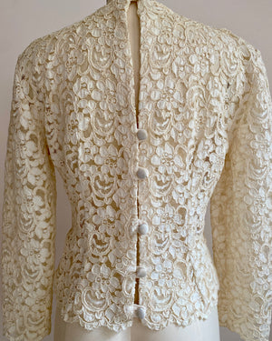 Vintage 1950s Couture Cream Floral Soutache Lace Top Blouse with Bow and Peplum M