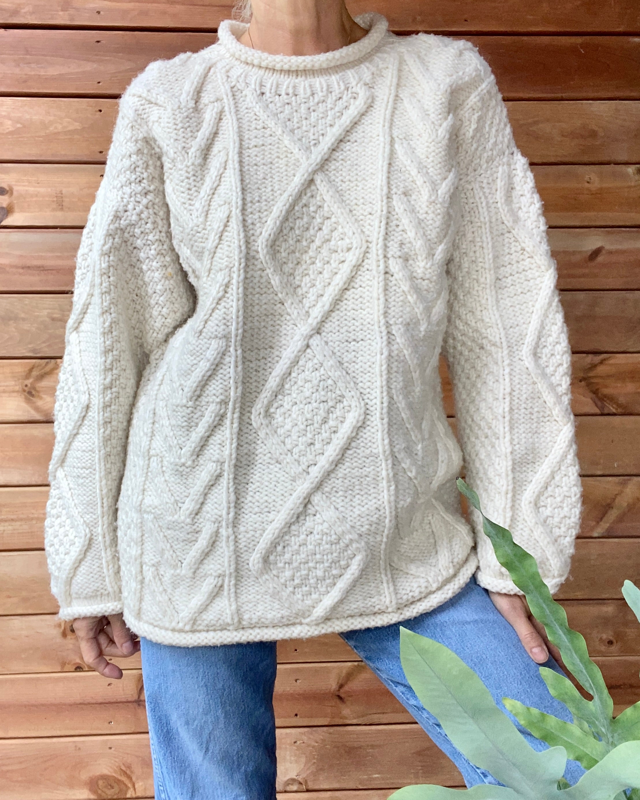 Vintage PURPLE MOUNTAIN Handknit Cream Aran Cable Sweater M