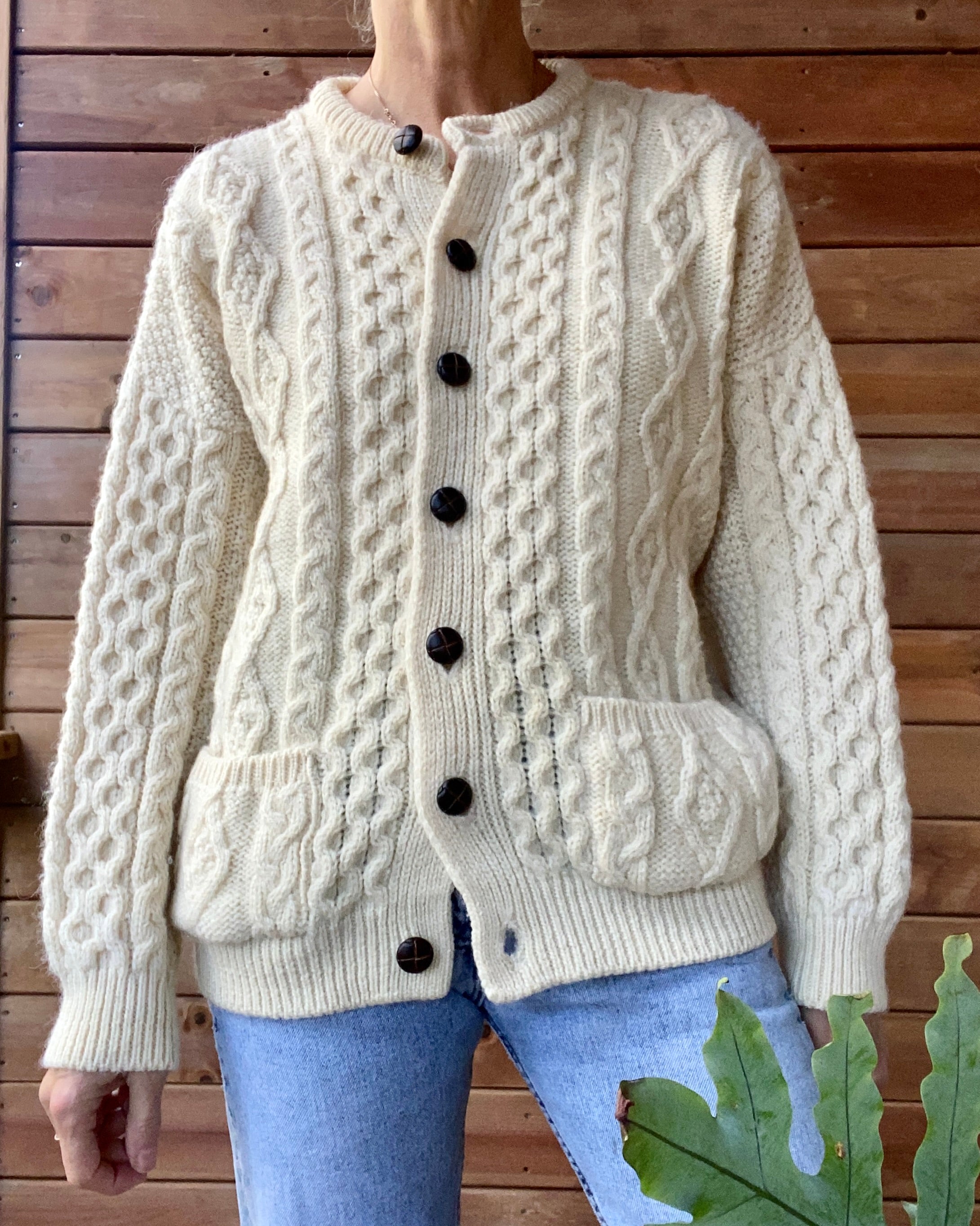 Vintage Handknit Cream Cable Fisherman Sweater Cardigan M