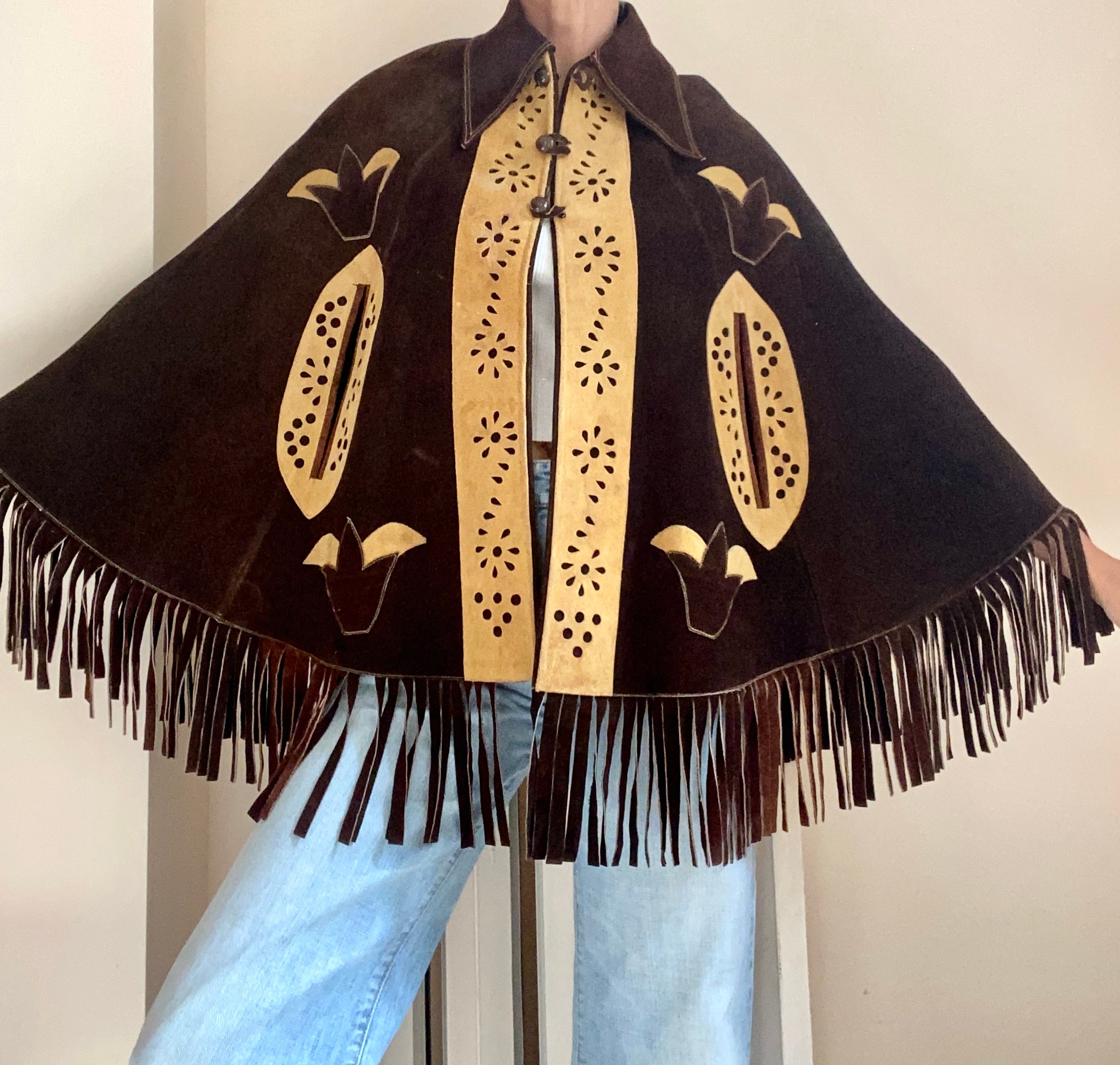 Vintage 1960s Suede Brown Fringe Cape Jacket M 6 8