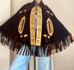 Vintage 1960s Suede Brown Fringe Cape Jacket M 6 8