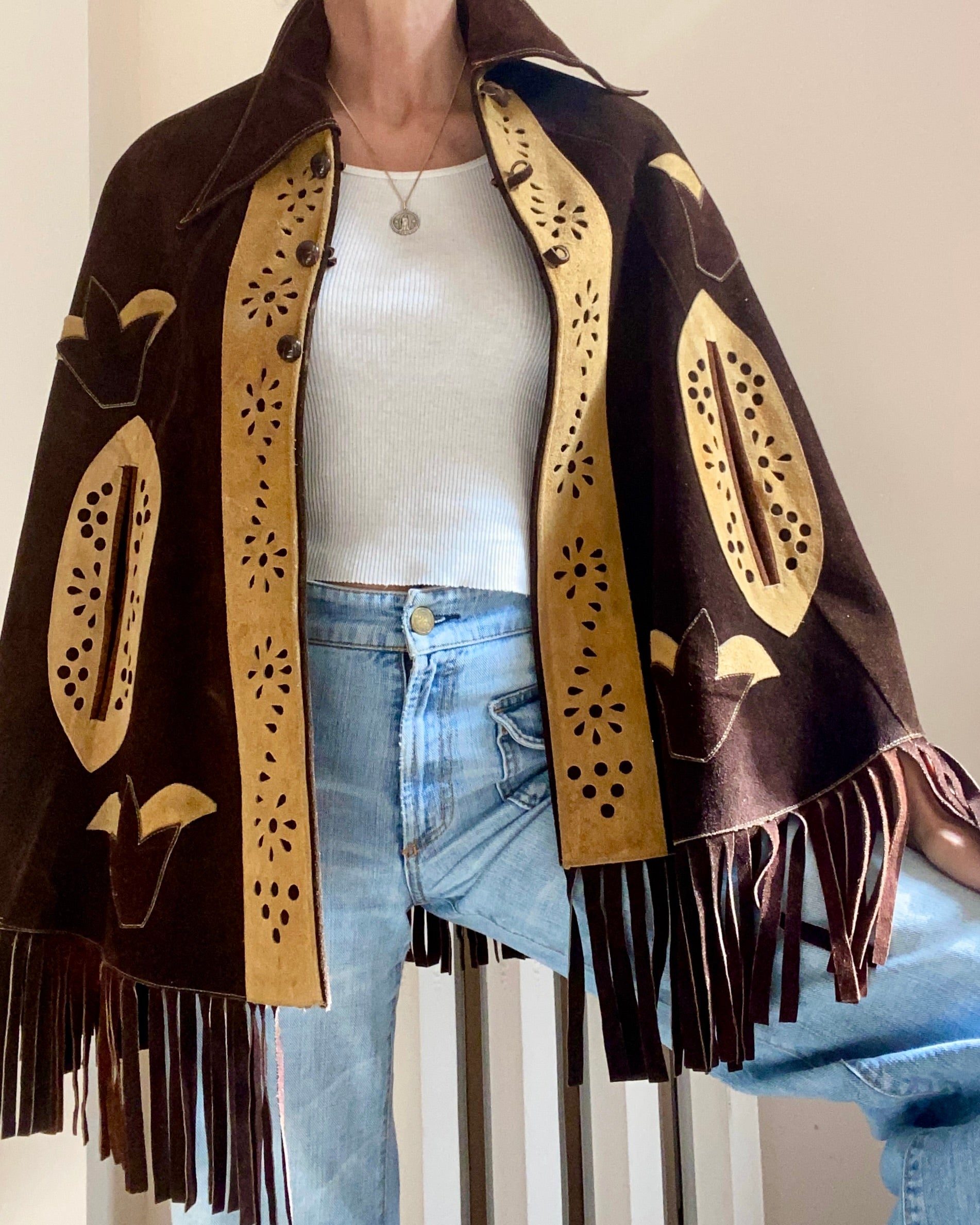 Vintage 1960s Suede Brown Fringe Cape Jacket M 6 8