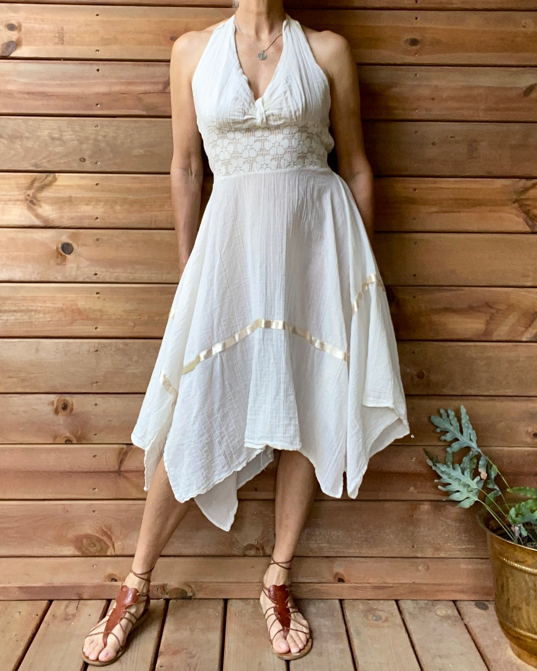 Vintage Mexican Cream Cotton Gauze With Crochet and Ribbon Handkerchief Halter Dress L