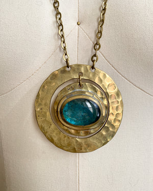 Vintage 1970s Rafael Alfandry Modernist Brass Pendant Necklace with Light Blue Cabochon and Link Chain made in Canada
