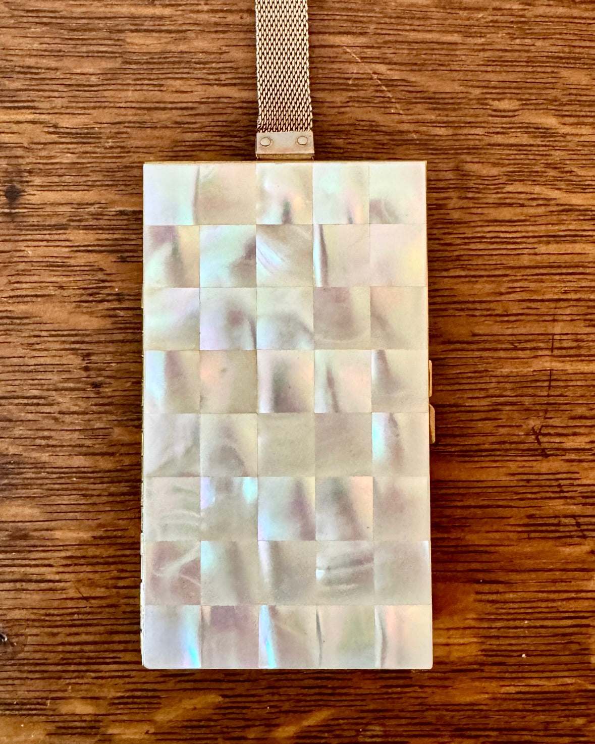 Vintage 1940s 1950s Marhill Mother of Pearl Tile Compact Cosmetic Cigarette Wrislet Case Minaudière in Gold Tone Metal