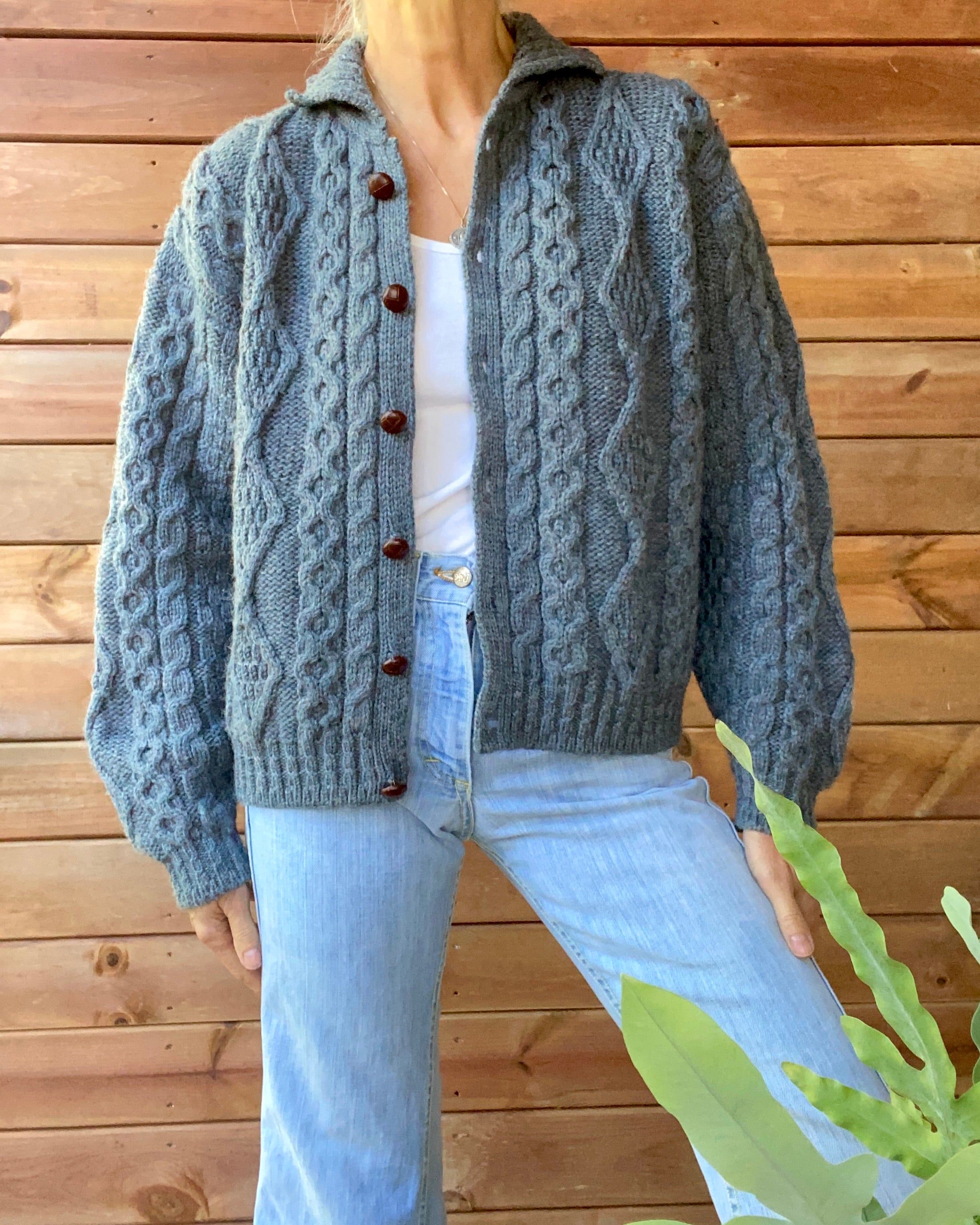 VINTAGE LLBEAN Blue Fisherman Cable Wool Cardigan Made in Ireland M L