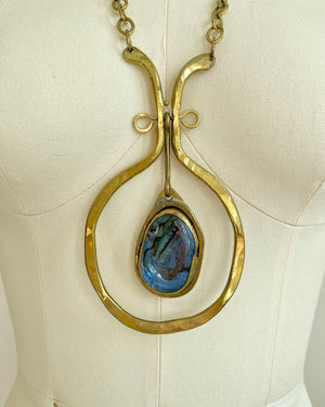 Vintage 1970s Rafael Alfandary Modernist Brass Pendant Necklace with Large Blue Iridescent Cabochon and fabulous link Chain made in Canada
