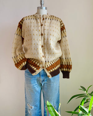 VINTAGE 1950s 1960s Hand Knit  Fair Isle Wool Tan and Brown Cardigan S or M