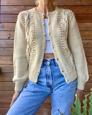 Vintage Handknit Cream Pointelle Cable Sweater Cardigan M