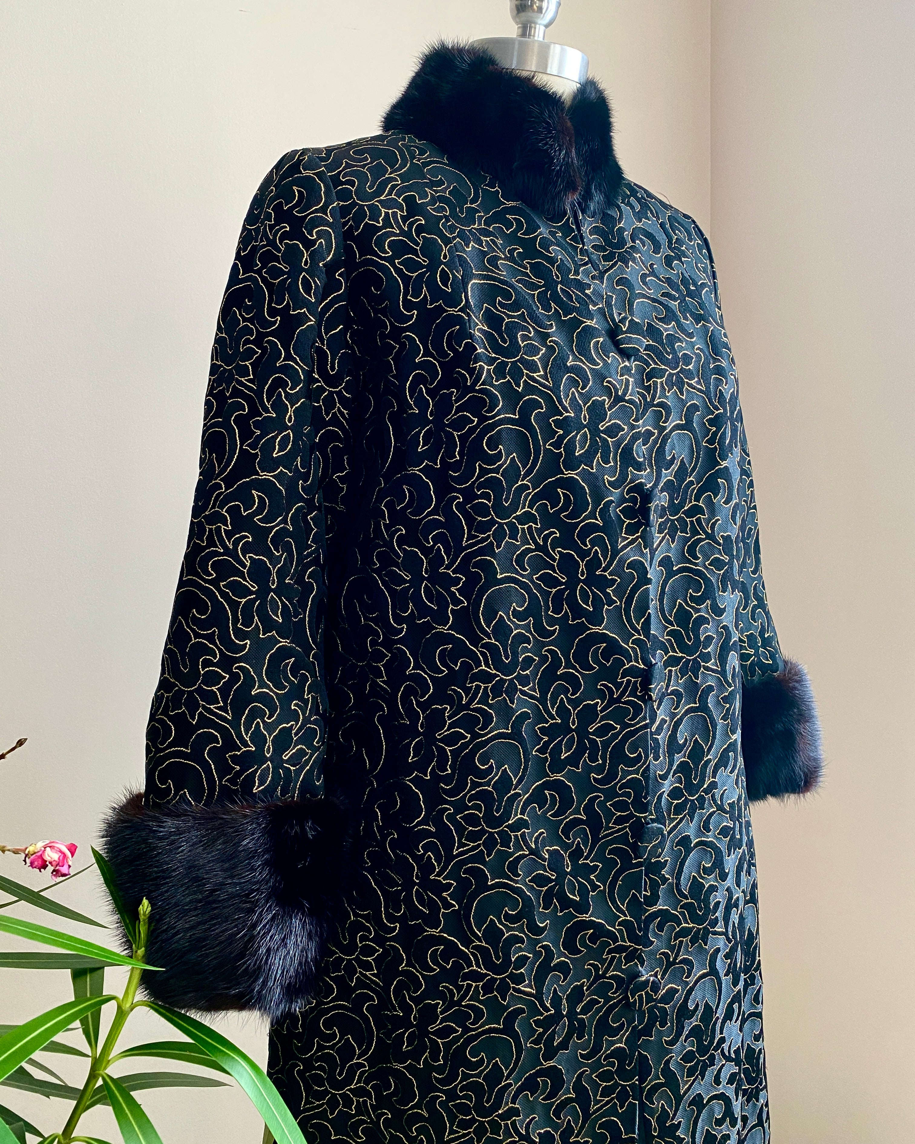 Vintage 1960s Black and Gold Floral Brocade Evening Coat with Mink Fur Trim New Condition S