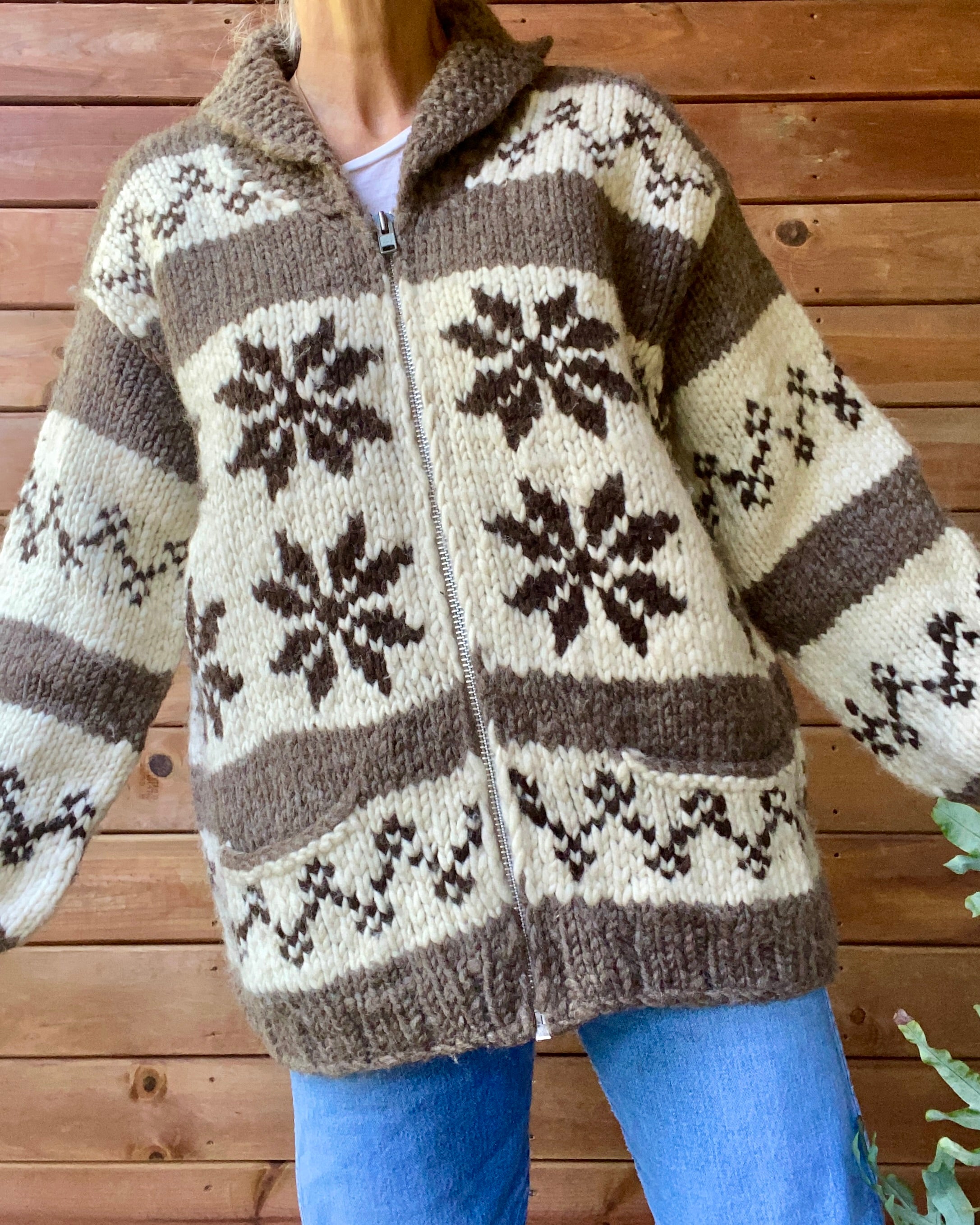 Vintage Hand Knit Cowichan Snowflake Pattern in Brown and Cream Cardigan Jacket M L Made in Cowichan BC Canada