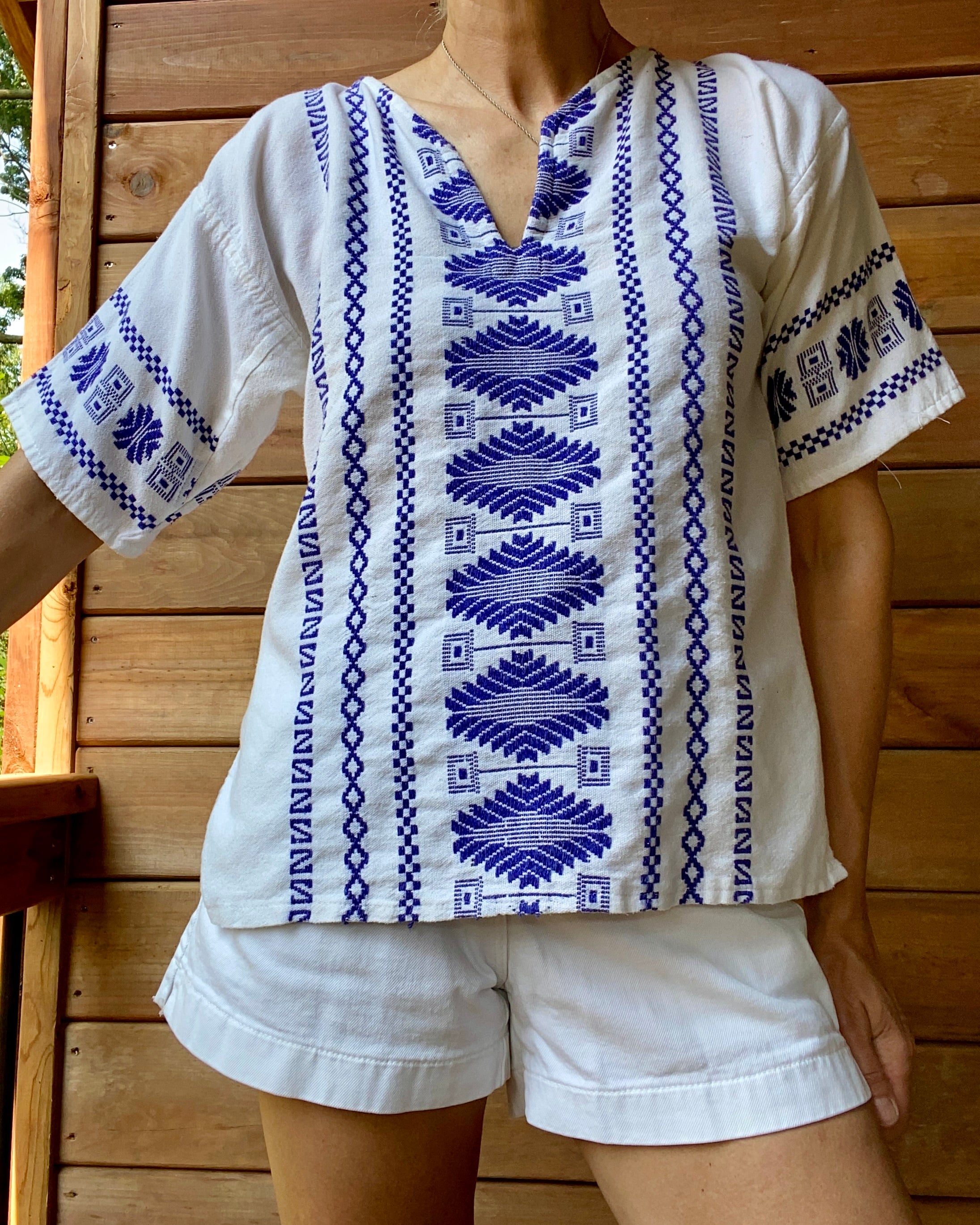VINTAGE Cotton Guatemalan Grecian Style Embroidered Short Sleeve Surf Tunic Top M L