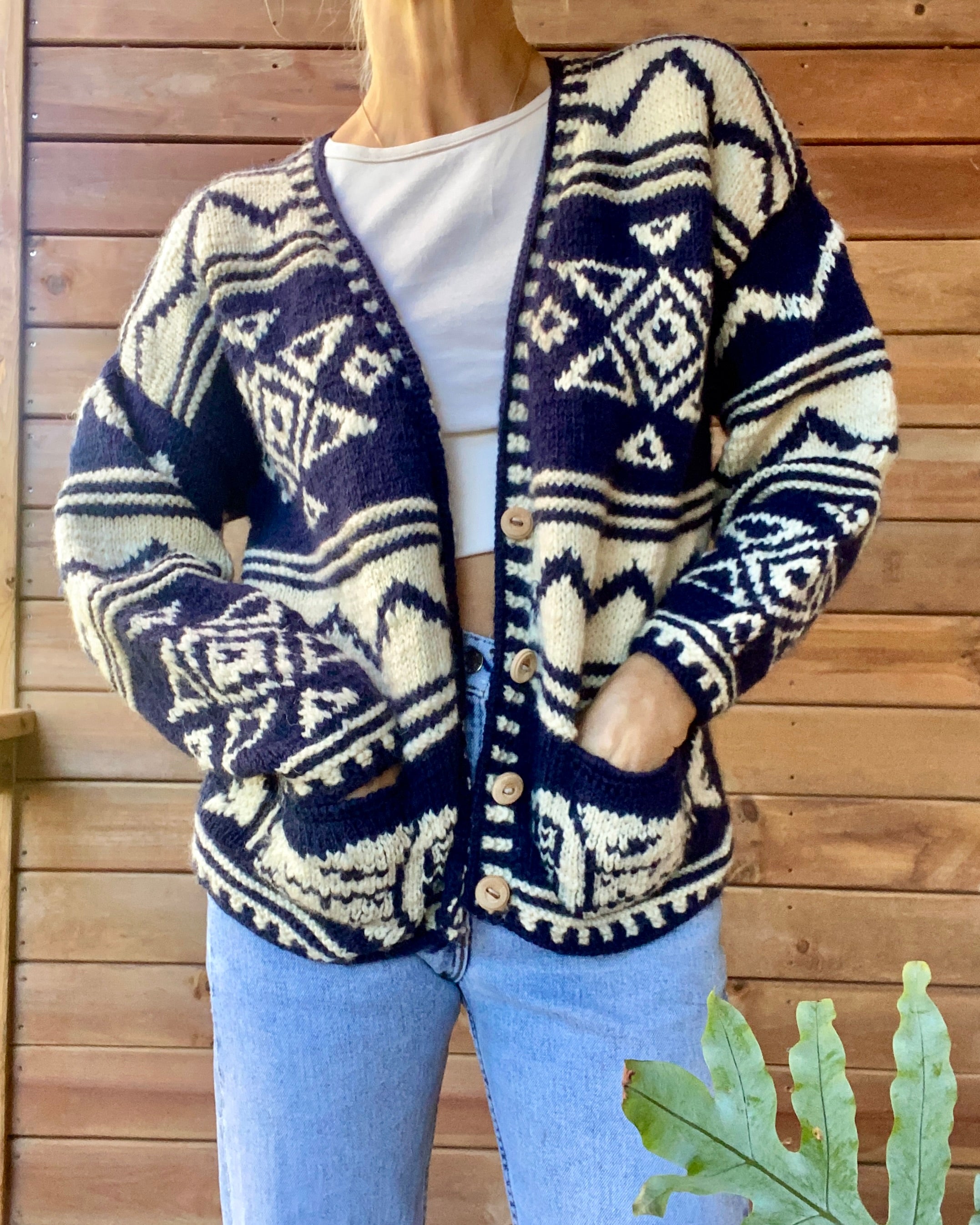 Vintage Hand Knit Navy and Cream Nautical Patterned Wool Cardigan