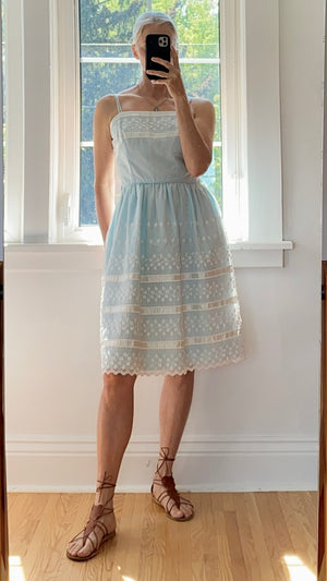 VINTAGE 1960s Baby Blue Lace and Eyelet Summer Fit and Flare Spaghetti Strap Dress M