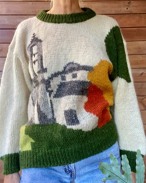 Vintage 1990s LANA CORSA Wool Scenic Country Village Landscape Folk Sweater Made in France M